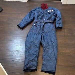 Vintage Men's Navy Blue Insulated One-Piece Snowsuit with Red Trim